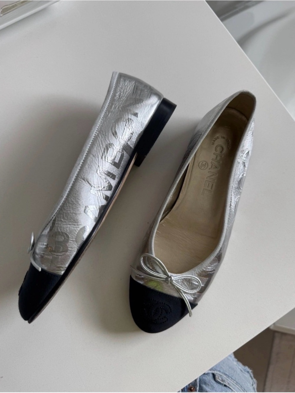 Chanel Silver & Black Ballerina Flats